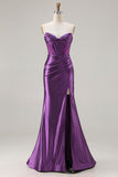 Sparkly Purple Mermaid Strapless Beaded Corset Long Prom Dress with Slit