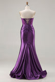 Sparkly Purple Mermaid Strapless Beaded Corset Long Prom Dress with Slit