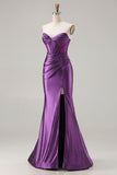 Sparkly Purple Mermaid Strapless Beaded Corset Long Prom Dress with Slit