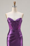Sparkly Purple Mermaid Strapless Beaded Corset Long Prom Dress with Slit