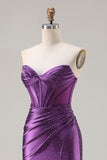Sparkly Purple Mermaid Strapless Beaded Corset Long Prom Dress with Slit