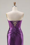 Sparkly Purple Mermaid Strapless Beaded Corset Long Prom Dress with Slit
