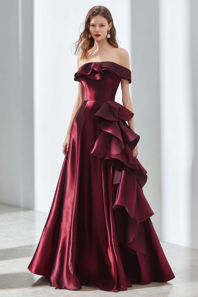 WEDTREND Women Burgundy Off the shoulder Formal Dress A Line Satin