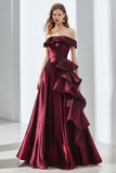 Off the Shoulder Burgundy A Line Satin Formal Dress with Ruffles