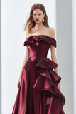 Off the Shoulder Burgundy A Line Satin Formal Dress with Ruffles