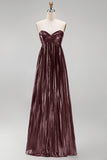Coffee Strapless A Line Pleated Long Formal Dress