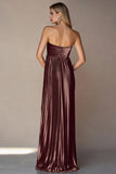 Coffee Strapless A Line Pleated Long Wedding Guest Dress