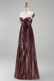 Coffee Strapless A Line Pleated Long Formal Dress