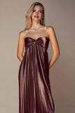 Coffee Strapless A Line Pleated Long Wedding Guest Dress