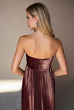 Coffee Strapless A Line Pleated Long Wedding Guest Dress