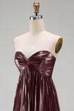 Coffee Strapless A Line Pleated Long Formal Dress