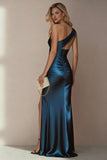 One shoulder Dark Blue Satin Long Wedding Guest Dress with Slit