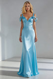 Sky Blue Mermaid Satin Backless Long Wedding Guest Dress with Bows