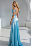 Sky Blue Mermaid Satin Backless Long Wedding Guest Dress with Bows