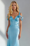 Sky Blue Mermaid Satin Backless Long Wedding Guest Dress with Bows