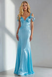 Sky Blue Mermaid Satin Backless Long Wedding Guest Dress with Bows