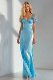 Sky Blue Mermaid Satin Backless Long Wedding Guest Dress with Bows