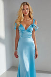 Sky Blue Mermaid Satin Backless Long Wedding Guest Dress with Bows
