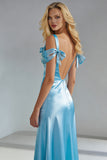Sky Blue Mermaid Satin Backless Long Wedding Guest Dress with Bows