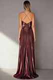 Coffee A Line Pleated Spaghetti Straps Long Wedding Guest Dress