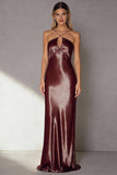 Coffee Mermaid Cut Out Satin Long Wedding Guest Dress