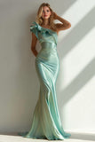 One Shoulder Light Green Mermaid Ruffle Long Wedding Guest Dress