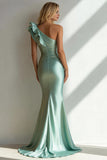 One Shoulder Light Green Mermaid Ruffle Long Wedding Guest Dress