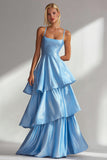 Light Blue A Line Spaghetti Straps Tiered Ruffle Satin Maxi Dress