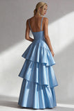 Light Blue A Line Spaghetti Straps Tiered Ruffle Satin Maxi Dress