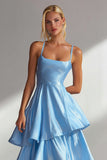 Light Blue A Line Spaghetti Straps Tiered Ruffle Satin Maxi Dress