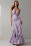 Lilac Halter Mermaid Ruffle V Neck Long Wedding Guest Dress