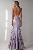 Lilac Halter Mermaid Ruffle V Neck Long Wedding Guest Dress