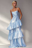 Light Blue A Line Tiered Ruffle Spaghetti Straps Long Wedding Guest Dress