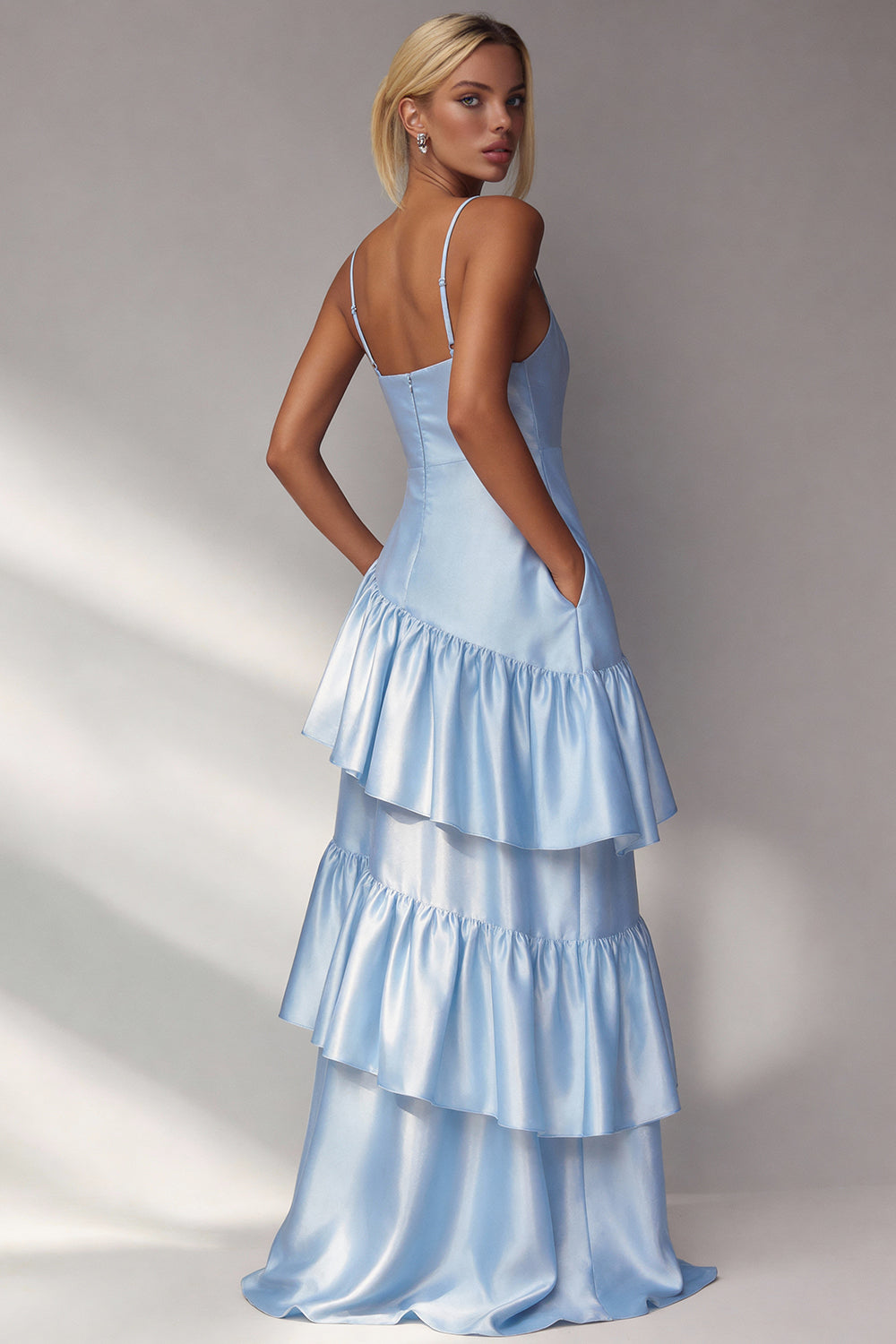 WEDTREND Women Light Blue A Line Formal Dress Tiered Ruffle Spaghetti Straps Long Bridesmaid Dress WEDTREND Women Light Blue A Line Formal Dress Tiered Ruffle Spaghetti Straps Long Bridesmaid Dress