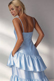 Light Blue A Line Tiered Ruffle Spaghetti Straps Long Wedding Guest Dress