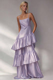 Light Blue A Line Tiered Ruffle Spaghetti Straps Long Wedding Guest Dress