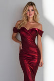 Burgundy Off the Shoulder Mermaid Ruched Long Formal Dress