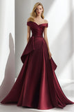 Off the Shoulder Burgundy A Line Satin Long Formal Dress