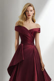 Off the Shoulder Burgundy A Line Satin Long Formal Dress