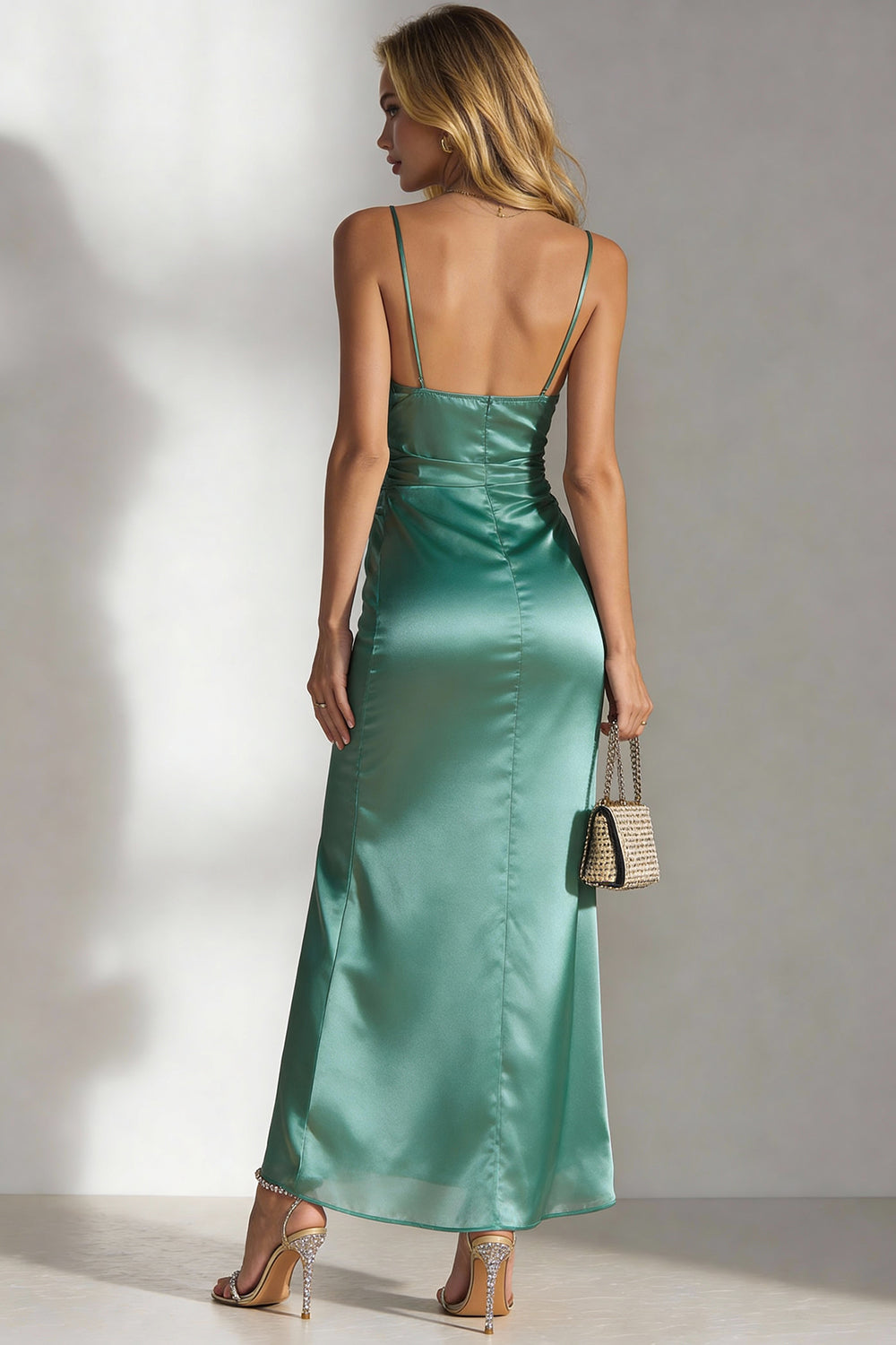 WEDTREND Women Emerald Green Mermaid Formal Dress Ruched Spaghetti Straps Midi Bridesmaid Dress with Slit WEDTREND Women Emerald Green Mermaid Formal Dress Ruched Spaghetti Straps Midi Bridesmaid Dress with Slit