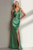 Emerald Green Mermaid V Neck Long Wedding Guest Dress with Slit