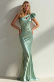 Sage Green Mermaid One Shoulder 3D Flower Cut Out Long Wedding Guest Dress
