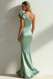 Sage Green Mermaid One Shoulder 3D Flower Cut Out Long Wedding Guest Dress