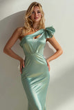 Sage Green Mermaid One Shoulder 3D Flower Cut Out Long Wedding Guest Dress