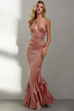 Dusty Rose Mermaid Lace Long Wedding Guest Dress with Ruffles