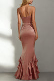Dusty Rose Mermaid Lace Long Wedding Guest Dress with Ruffles