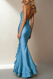 Sky Blue Halter Mermaid Ruffle Long Wedding Guest Dress