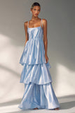 Light Blue A Line Spaghetti Straps Tiered Ruffle Wedding Guest Dress