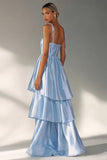 Light Blue A Line Spaghetti Straps Tiered Ruffle Wedding Guest Dress
