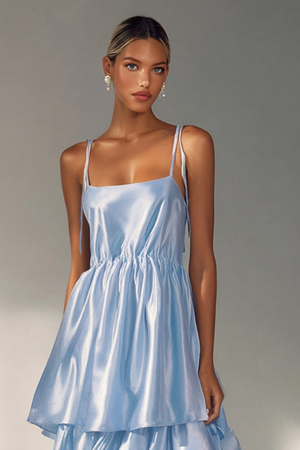 blue ruffle wedding guest dress Zapaka Women Light Blue Wedding Guest Dress A Line Ruffled V Neck Organza Long Formal Dress, Light Blue / US16W